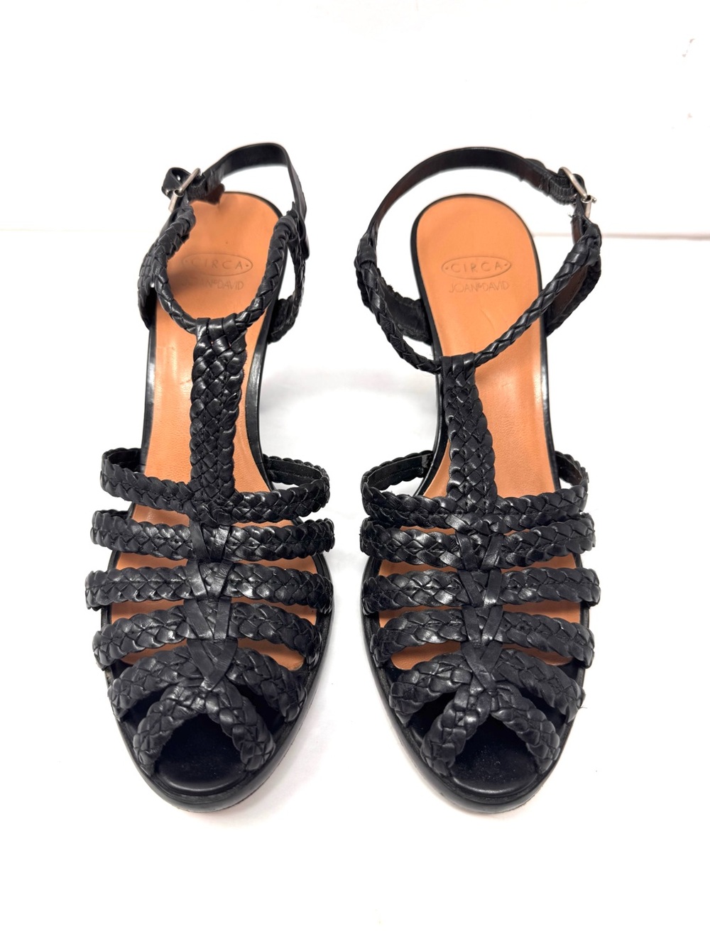 CIRCA JOAN & DAVID black basket weave leather T-Strap sandals, size 9